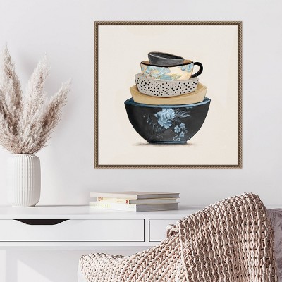 22"x22" Blue and Beige Stacked Bowls Canvas Print with Beaded Bronze Frame