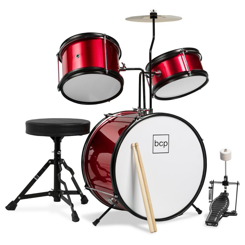 Best Choice Products Kids Beginner 3-Piece Drum, Musical Instrument Set w/ Sticks, Cushioned Stool, Drum Pedal, 1 of 8