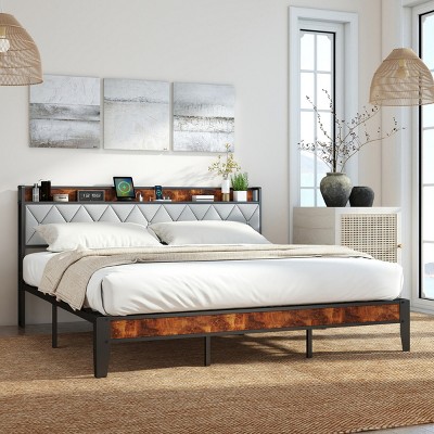 FURNIinspire Beds Modern Full Size Bed Frame Iron Platform Bed with Soft-Padded Headboard, Storage, Bedroom Furniture, Brown, 80.5"*54.1"*40.6"