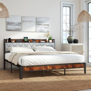 FURNIinspire Beds Modern Full Size Bed Frame Iron Platform Bed with Soft-Padded Headboard, Storage, Bedroom Furniture, Brown, 80.5"*54.1"*40.6" - 1 of 4