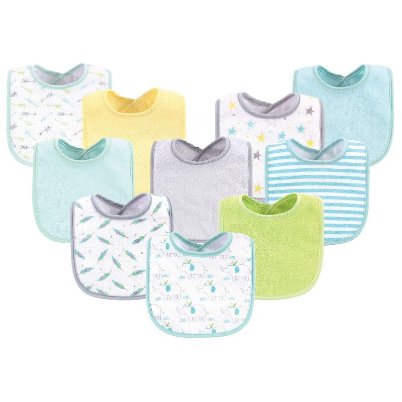 Luvable Friends Baby Cotton Terry Bibs 10pk, Neutral Elephant Stars, One Size, 1 of 7