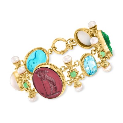 Ross-Simons Italian Tagliamonte Multicolored Venetian Glass and 10.00 Carat Sky Blue Topaz Bracelet With Chrysoprase, 14-15mm Mabe Pearls and 6-6.5mm