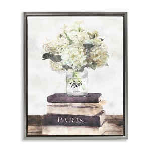 Stupell Industries White Florals on Bookstack Floating Frame Canvas Art, Gray, 25" x 31" - 1 of 4