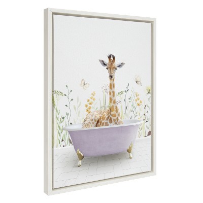 Giraffe in Spring Bath Framed Canvas Wall Art, 18x24, White