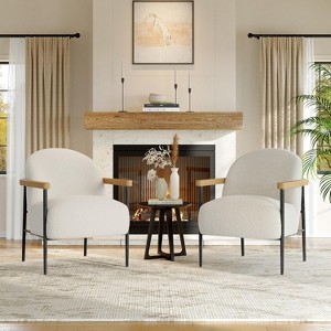 Modern Accent Chair, White Comfy Chair with Teddy Fabric, Wood Arms, Metal Frame & Adjustable Feet, Mid Century Modern Chair for Living Room - 1 of 4