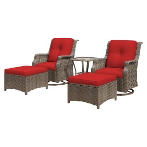 YARDSIGHT 5-Piece Outdoor Wicker Swivel Glider Conversation Set with Red Cushions, Including 2 Chairs, 2 Ottomans, and 1 Side Table - 1 of 4