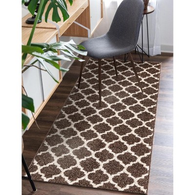 Brown and Beige Synthetic Trellis Runner Rug