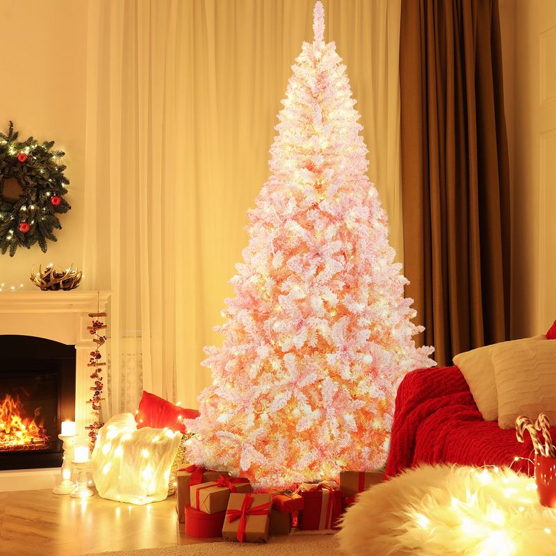 Costway 7.5FT Pre-Lit Snow Flocked Pink Christmas Tree 1100 Tips w/ 450 Lights & 8 Modes, 2 of 14