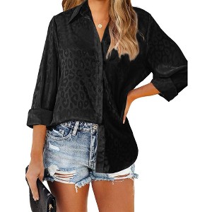 Leopard Stain Button Down Shirts for Women Roll Up Long Sleeve V Neck Casual Work Shirts - 1 of 4