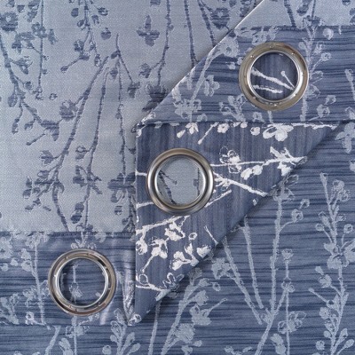 Dark Blue Floral Jacquard Room Darkening Grommet Curtains - 52 x 96 Inches