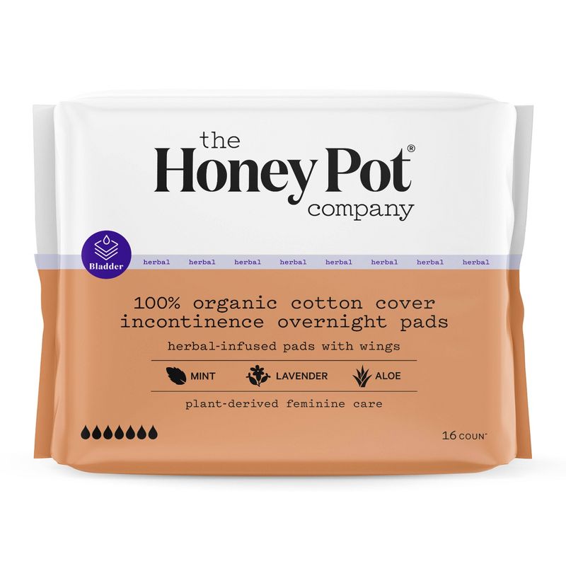 The Honey Pot Company, Herbal Overnight Incontinence Pads with Wings, Organic Cotton Cover - 16ct, 1 of 13