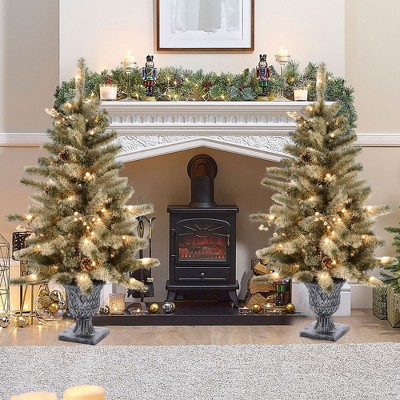 Set of 2 Pre-Lit 4Ft White Flocked Pine Christmas Trees with Urn Pot