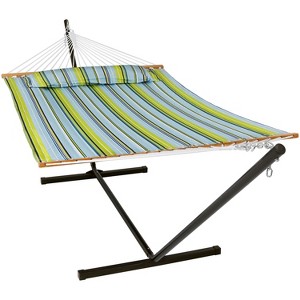 Sunnydaze Outdoor 2-Person Quilted Fabric Hammock with Spreader Bars and Freestanding Stand - 1 of 4