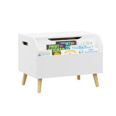 Kids Toy Box Chest Bench With Front Bookshelf Flip-Top Lid Safety Hinge Wooden Toy Storage Organizer For Playroom Kids Room