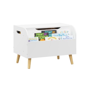 Kids Toy Box Chest Bench With Front Bookshelf Flip-Top Lid Safety Hinge Wooden Toy Storage Organizer For Playroom Kids Room - 1 of 4