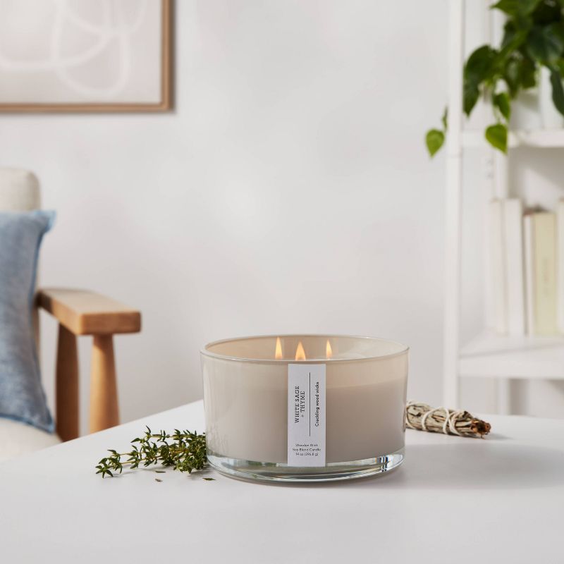 14oz 3-Wick Round Base Glass Candle with Wooden Wick White Sage &#38; Thyme Gray - Threshold&#8482;, 3 of 7