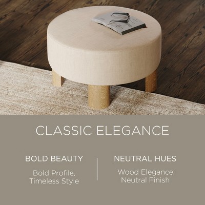 Celia Round Beige Upholstered Ottoman with Natural Wood Legs