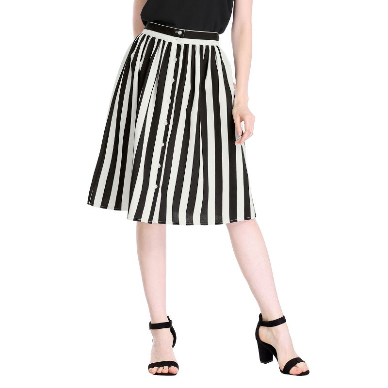 Allegra K Women's Stripes Button Front Elastic Back A-Line Midi Skirt, 3 of 8