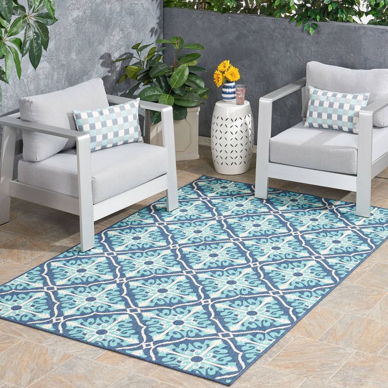 5'3" x 7' Morocco Trellis Outdoor Rug Ivory/Blue - Christopher Knight Home, 4 of 7