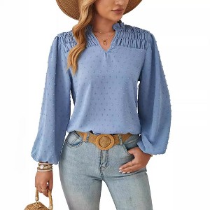 Coolmee Women's Puff Long Sleeve Shirts V Neck Loose T-Shirts Dressy Casual Work Blouses Fall Tops Trendy Clothes - 1 of 4
