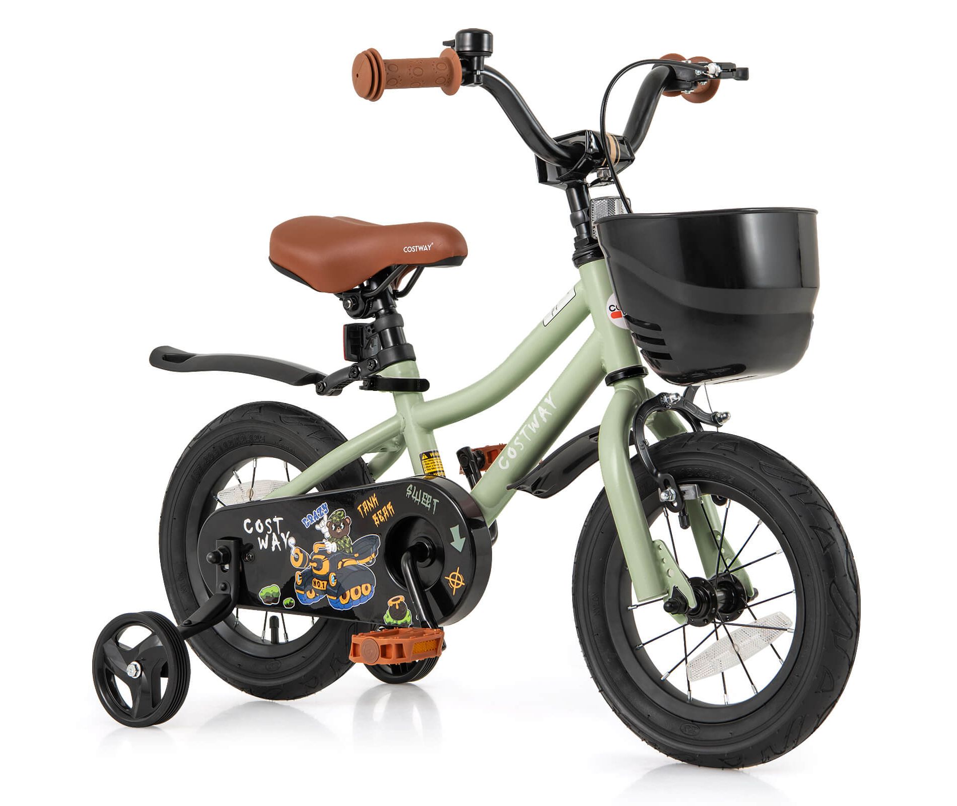Costway 12" Kid’s Bike with Training Wheels Adjustable Handlebar & Seat Handbrake Green