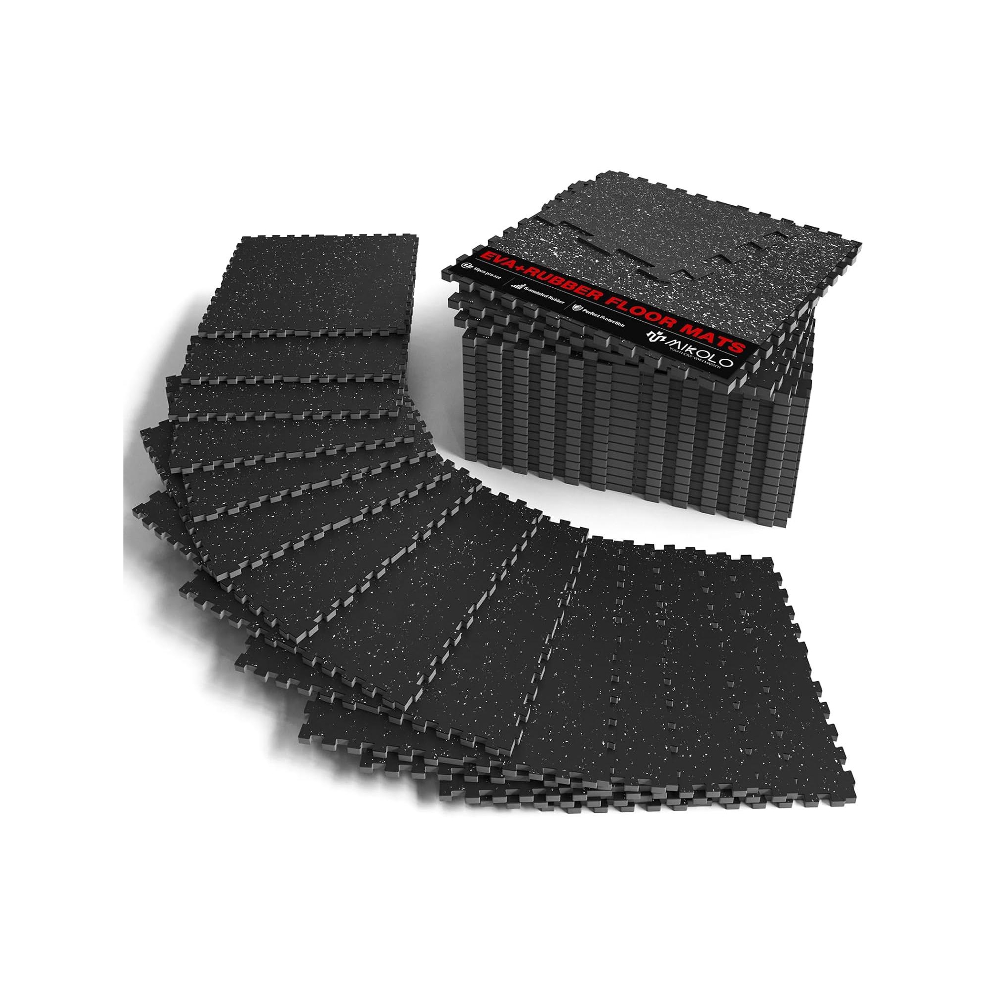 Gym Floor Mats, 1'' Extra Thick Exercise Mat, Cushioned Workout Flooring for Home (24'' x 24'', 12 Pieces) Grey&Black