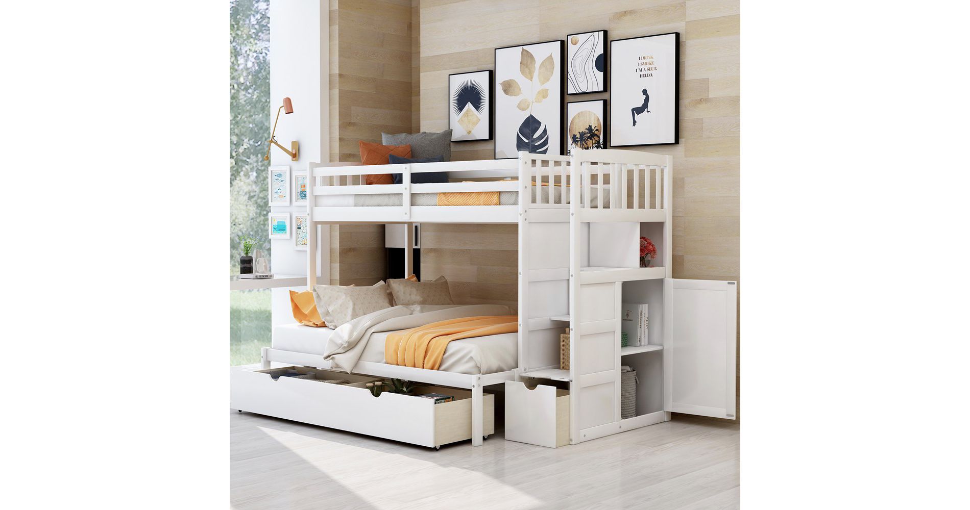 Twin Over Twin/Full Size Bunk Bed With Storage Shelves Drawers, Wooden Stairway Bunkbed Bed Frame With Convertible Bottom Beds For Kids Teens Bedroom