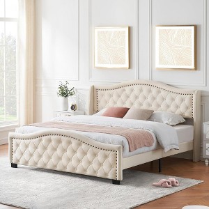 Bed Frame with Button Tufted Headboard, Velvet Upholstered Bed Frame with Wooden Slat Support, Under Bed Storage, No Box Spring Needed, Beige - 1 of 4