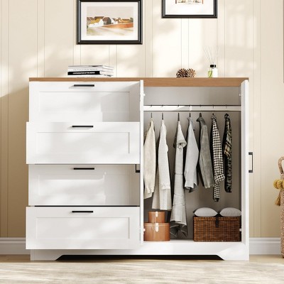 43.3'' H Armoire Wardrobe Closet with 4 Drawers and 2 Doors, Hanging Rod