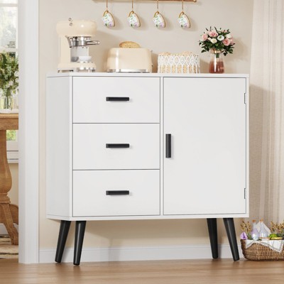 USIKEY Storage Cabinet with Rattan Door & 3 Drawers, Entryway Cabinet with Adjustable Shelf, Accent Cabinet for Living Room