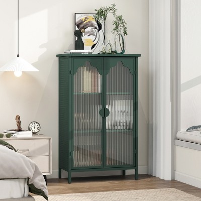 Metal Display Cabinet,Dark Green Storage Cabinet With Two Glass Doors ...