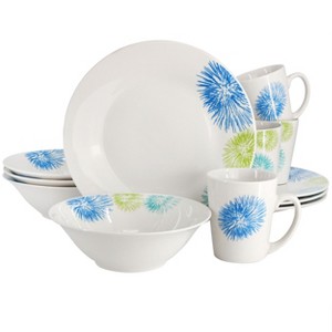 Gibson Home Blue Meadow 12 Piece Fine Ceramic Dinnerware Set in White with Colored Accents - 1 of 4