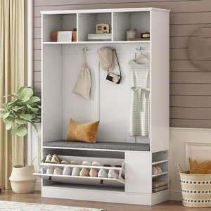 Modern Hall Tree Bench, 3 Hooks & Shoe Storage Combo, 5-in-1 Entryway Solution with Comfortable Cushion for Home Organization - 1 of 4
