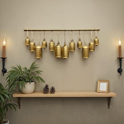 Royal Hampton Iron Cowbells Wall Decor 48 Inch Wide Decorative, Antique Gold Finish, Jute Hanging Rope