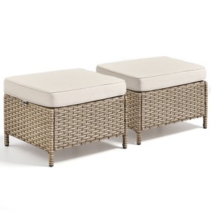 Buenhomino  Outdoor Ottomans for Patio Set of 2 PE Wicker Steel Frame Outdoor Footstool with Removable Olefin Cushions - 1 of 4