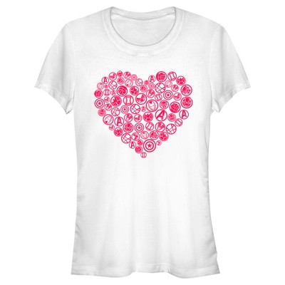 Juniors Womens Marvel Universe Logo Heart Icons T-shirt : Target