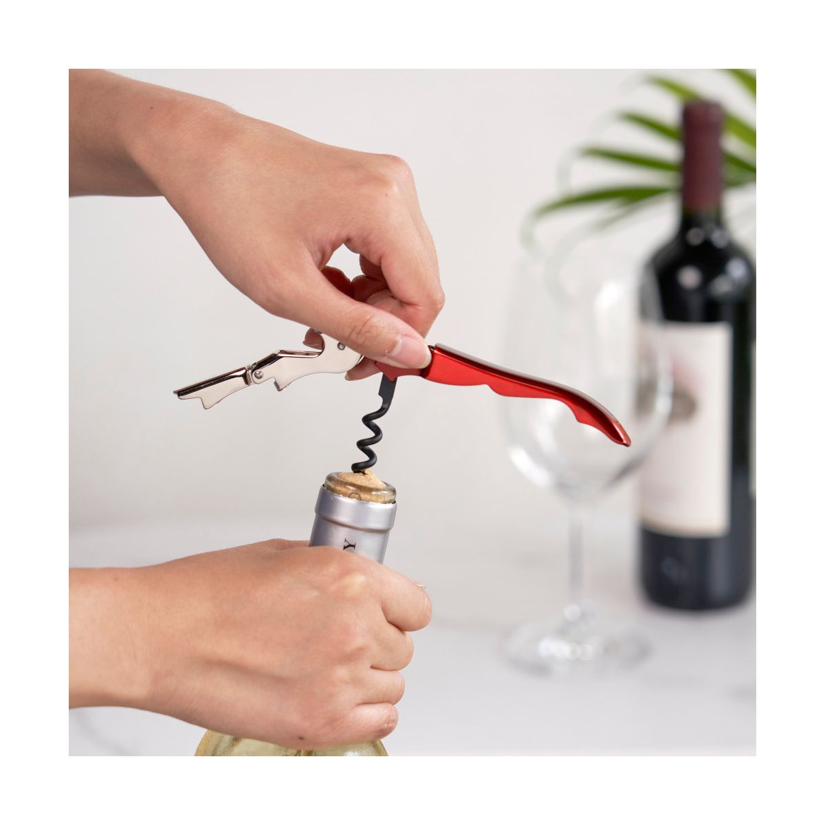 True Truetap Double Hinged Corkscrew Wine Opener, Stainless Steel Wine Key, Built-in Bottle Opener & Foil Cutter, Home Bar Gifts, Travel, Metallic Red - thumbnail 5