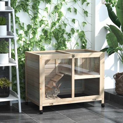 Natural Wood 2-Story Guinea Pig Hutch with Wheels