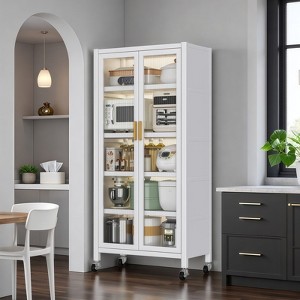 CAVINAS Kitchen Cabinet,6 Tier Storage Cabinet with Transparent Door,Adjustable Shelves and Wheels,Pantry Cabinet for Living Room,Dining Room - 1 of 4
