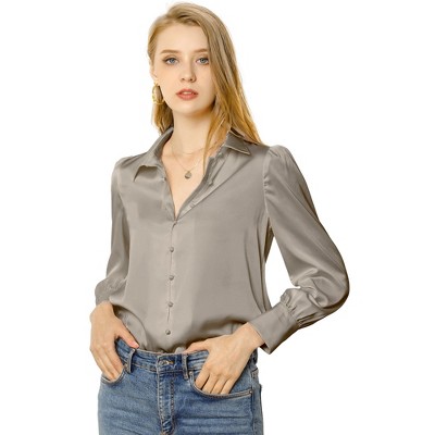 INSPIRE CHIC Women's Puff Long Sleeve Point Collar Vintage Button Work Satin Shirt
