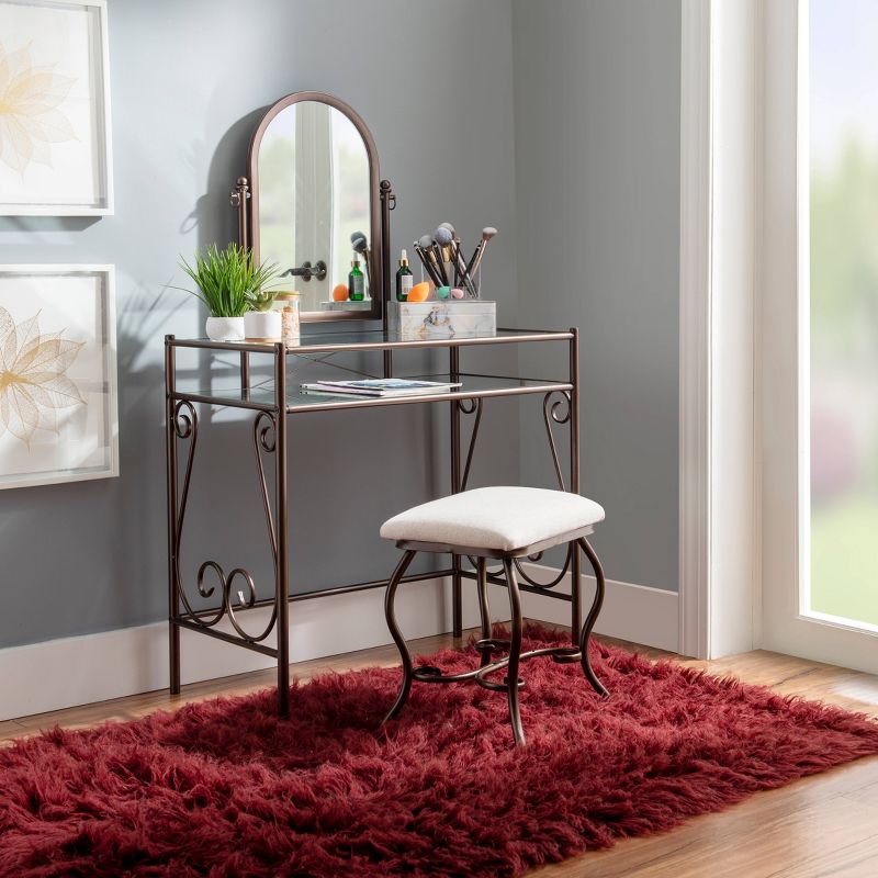 Clarisse Traditional Metal and Glass Shelf Adjustable Mirror Vanity and Upholstered Stool Brown - Linon, 3 of 14