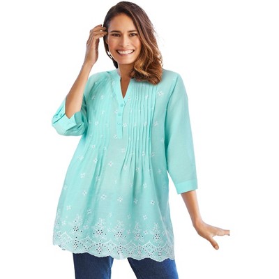 Woman Within Plus Size Embroidered Pintuck Tunic