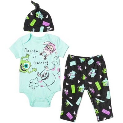 Disney Pixar Monsters Inc. Sulley Boo Mike Wazowski Baby Bodysuit Pants and Hat 3 Piece Outfit Set Newborn to Infant