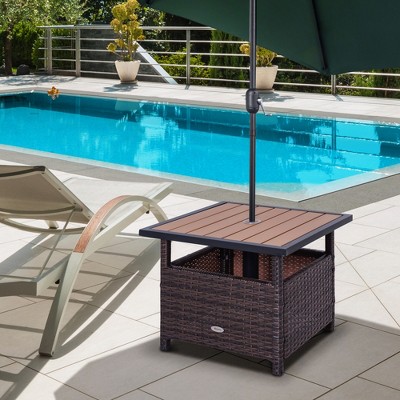 Brown Rattan Wicker Outdoor Accent Table with Steel Frame and Umbrella Insert