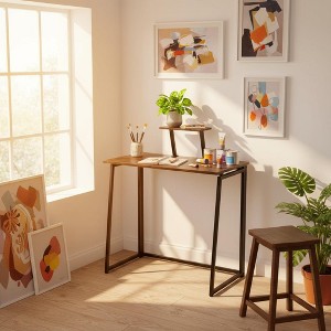 Folding Desk 31.5 Inch, Simple Compact Writing Study Table with Removable Monitor Stand, Portable Standing Desk Work Station Brown - 1 of 4