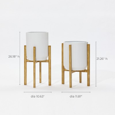 Set of 2 White Textured Metal Planters with Gold Stands