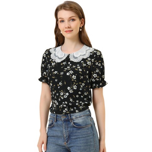 Allegra K Women's Peter Pan Collar Ruffled Bubble Short Sleeve Floral Blouses - image 1 of 4