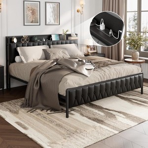 King Bed Frame with Charging Station, All-Metal Platform Bed Frame with Headboard & Footboard, Noise-Free, No Box Spring Needed, Easy Assembly, Black - 1 of 4
