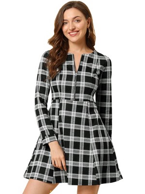 Allegra K Women's Vintage Plaid Houndstooth Long Sleeve Office Zip Front Flare Mini Dress
