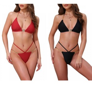 INSPIRE CHIC Women's Heart Rhinestones Chain-Linked Halter Top Triangle Bottoms Swimwear Bathing Bikini Suits 2 Sets - 1 of 4